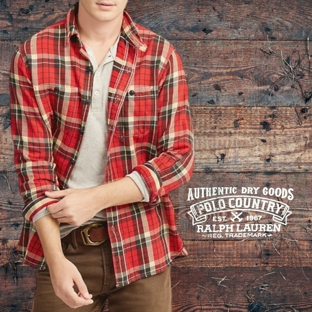 Polo‎ Country RL Mens Classic Fit Plaid Twill Work Shirt Hot Red Yellow Multi M